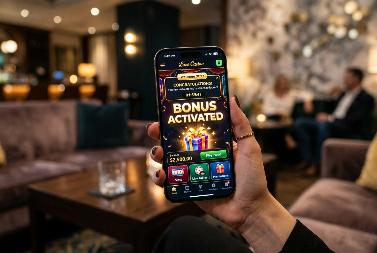 A modern smartphone showing an online casino bonus notification in a luxury setting.